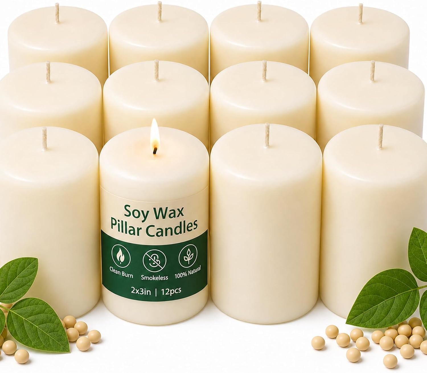 12-Pack Unscented Creamy White Pillar Candles