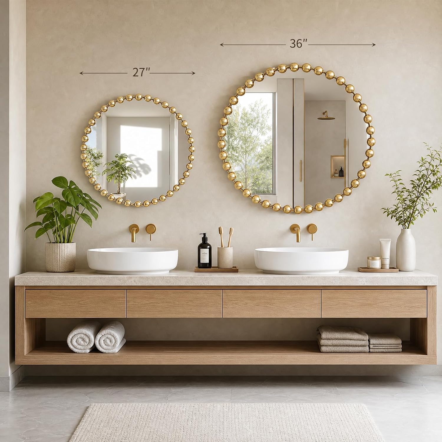 27 Inch Gold Beaded Round Mirror