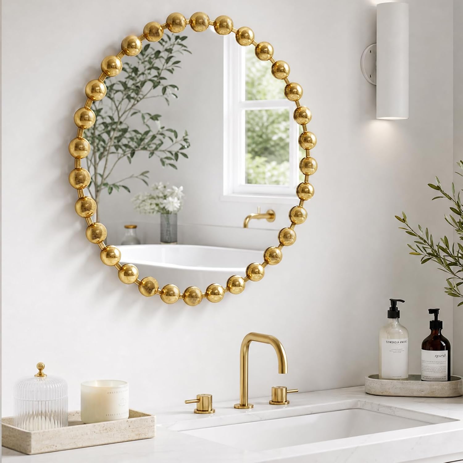 27 Inch Gold Beaded Round Mirror