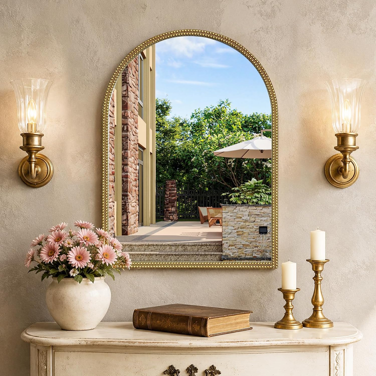 Gold Beaded Arched Wall Mirror