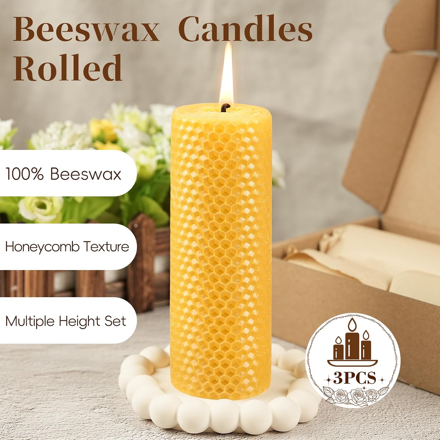 Three-Piece Beeswax Honeycomb Pillar Candles