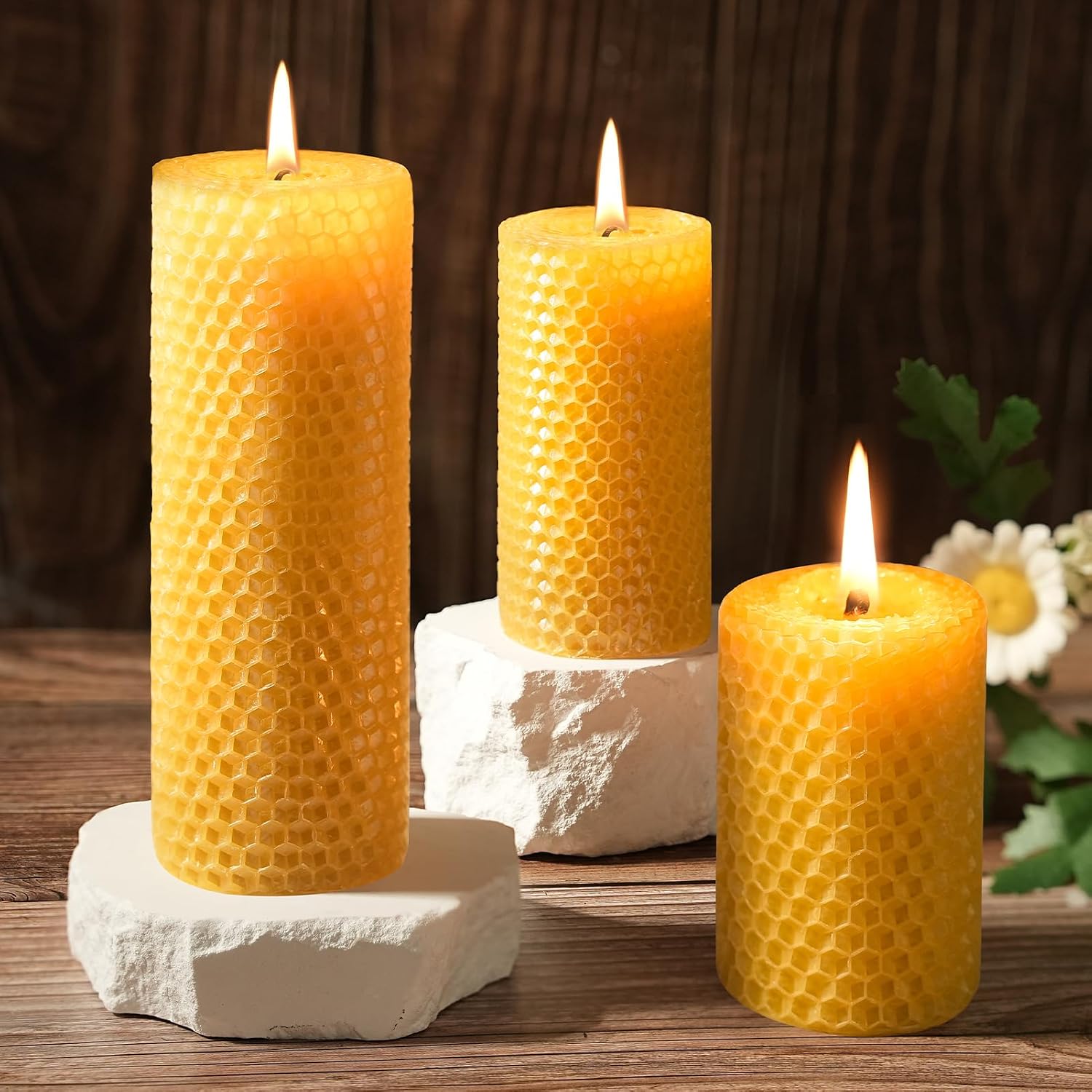Three-Piece Beeswax Honeycomb Pillar Candles