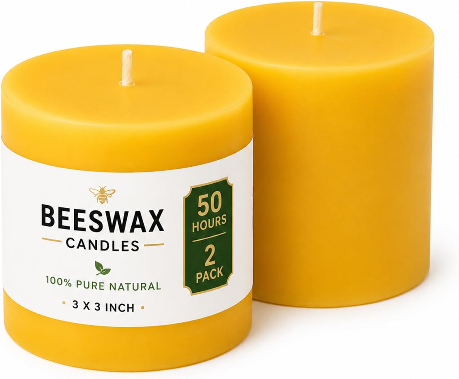 Two-Pack Yellow Unscented Beeswax Pillar Candles